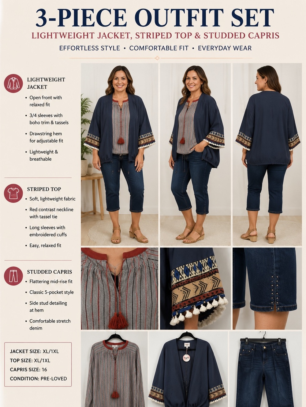 NWT SET Hayden Tapestry Trim Jacket & Blouse Avenue Studded Crops Sz XL, 1XL, 16